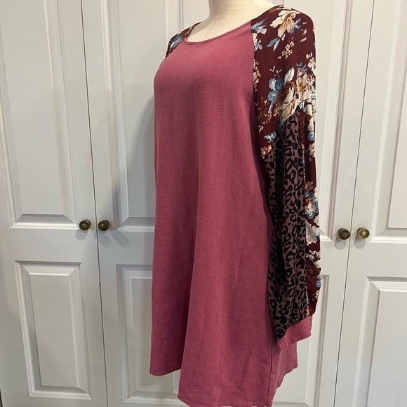 Umgee, New Multi Pattern Sleeves Pink Shift Tunic Dress with Pockets - Picture 6 of 13